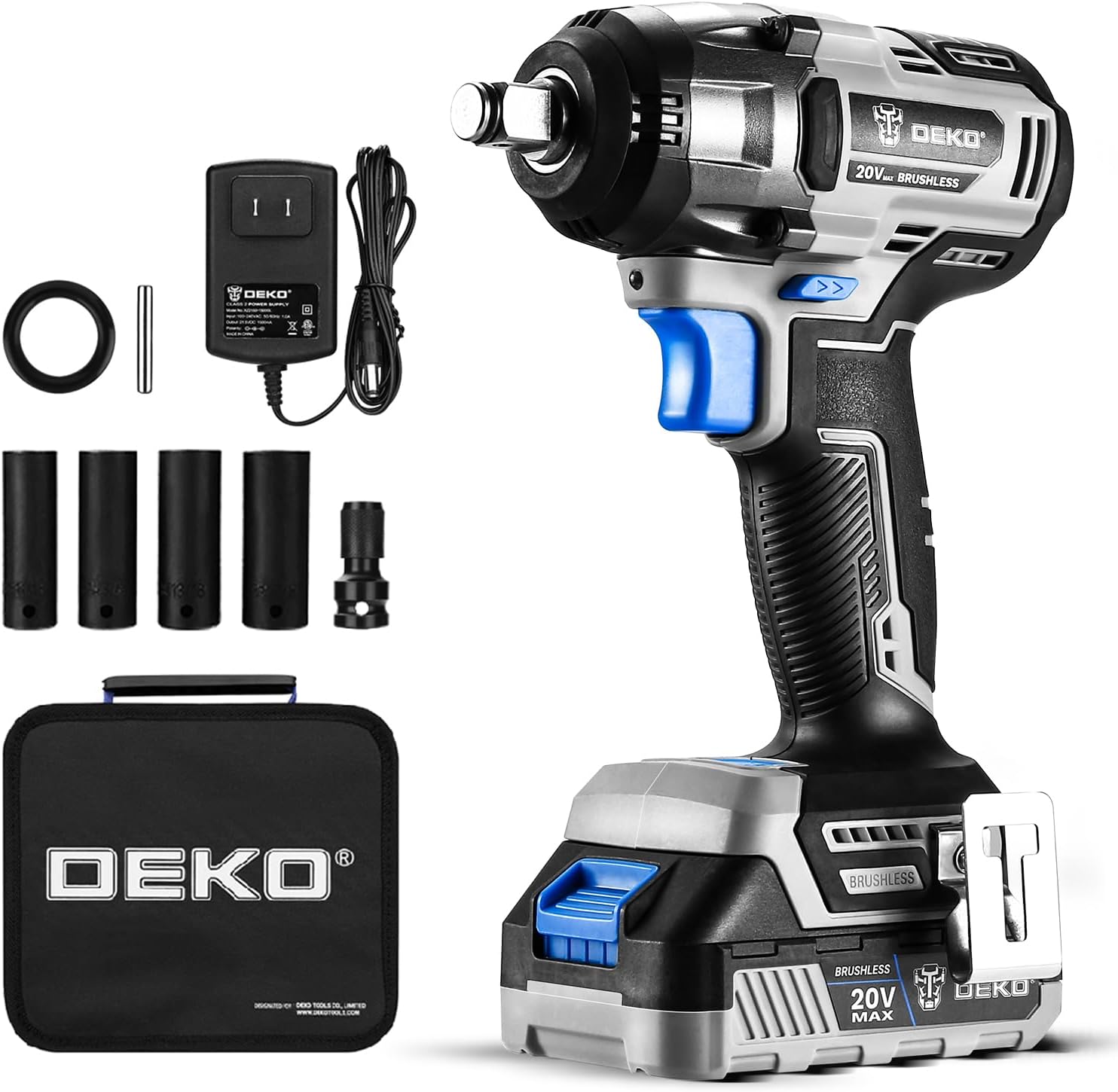 DEKOPRO 20V Cordless Impact Wrench, 1/2 Inch Chuck, 3200 RPM, 258 ft-lbs Max Torque, Li-ion Battery, Fast Charger, Tool Bag