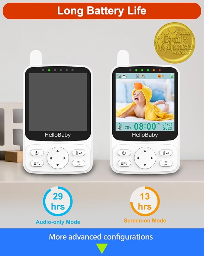 HelloBaby Monitor with 29 Hour Battery Life and 4Inch IPS Screen, No WiFi, Video Baby Monitor with Camera and Audio 1000ft Long Range Night Vision 2 Way Talk Temperature VOX Mode for Baby Pet Elderly