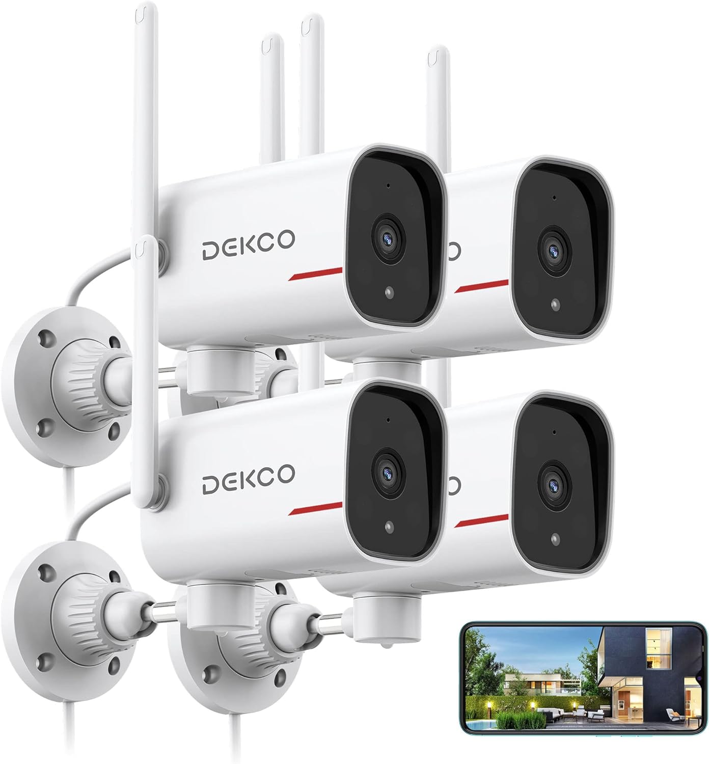 DEKCO 4Pack Home Security Cameras with 2K Color Night Vision, Pan Rotating 180° Wired Outdoor Security Cameras Support 24/7 Recording, 2.4&5G WiFi, AI Auto Tracking