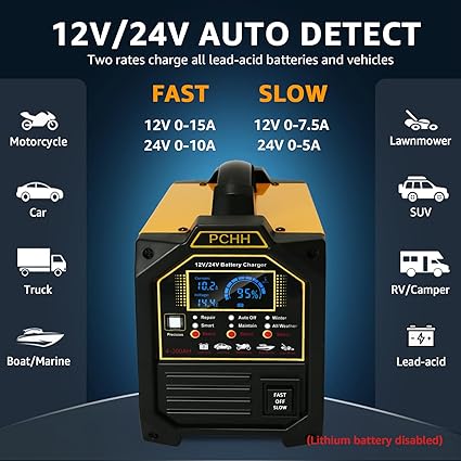 PCHH 12V 24V Car Battery Charger Heavy Duty, 0-15A Automatic Battery Maintainer, Smart Trickle Charger with Auto Shutoffs, Repair, Winter Mode, for Automotive Car Truck Motorcycle RV AGM Deep Cycle