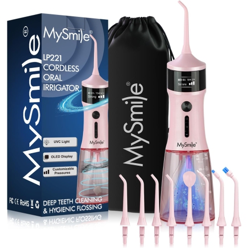 MySmile Powerful Cordless 350ML Water Dental Flosser Portable OLED Display Oral Irrigator with 5 Pressure Modes 8 Replaceable Jet Tips and Storage Bag(Juicy Pink)