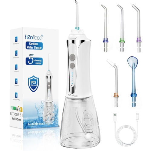 H2ofloss Water Dental Flosser Cordless, 300ML Rechargeable Oral Irrigator for Teeth Cleaning, Portable & IPX7 Waterproof Teeth Cleaner Pick for Braces Home Travel