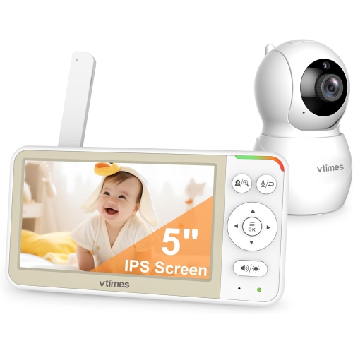 VTimes 5” Screen Video Baby Monitor with Camera and Audio, 4000mAh Baby Monitor No WiFi Remote Pan-Tilt-Zoom VOX, Two-Way Talk, Infrared Night Vision, Temperature Display, 1000ft