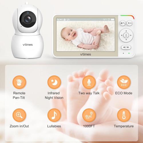 VTimes 5” Screen Video Baby Monitor with Camera and Audio, 4000mAh Baby Monitor No WiFi Remote Pan-Tilt-Zoom VOX, Two-Way Talk, Infrared Night Vision, Temperature Display, 1000ft