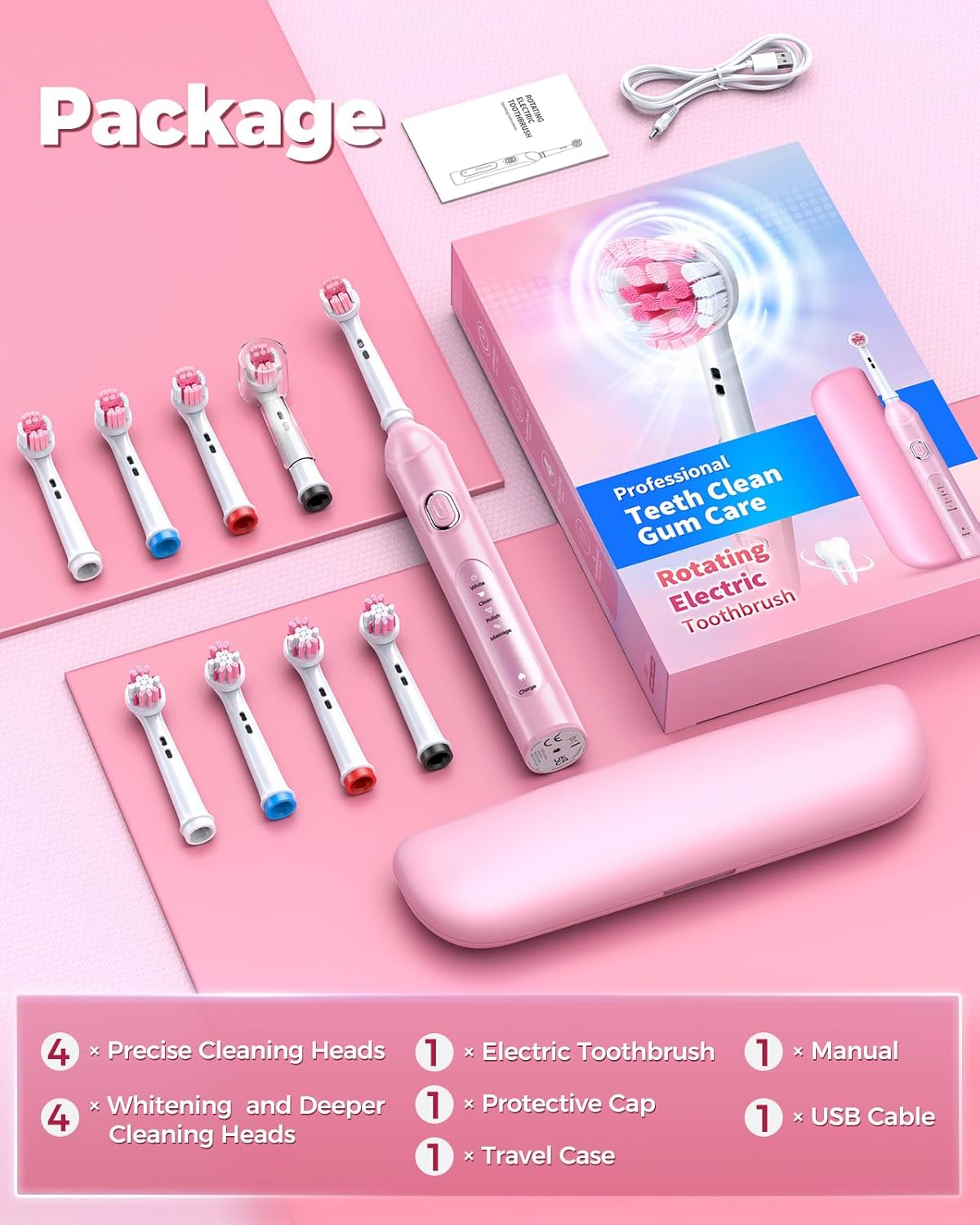 Rotating Electric Toothbrush for Adults with 8 Brush Heads (2 Types), 4 Modes Deep Clean Electric Toothbrush with Rechargeable Power and 2 Min Smart Timer (Pink, 2- with travalcase)