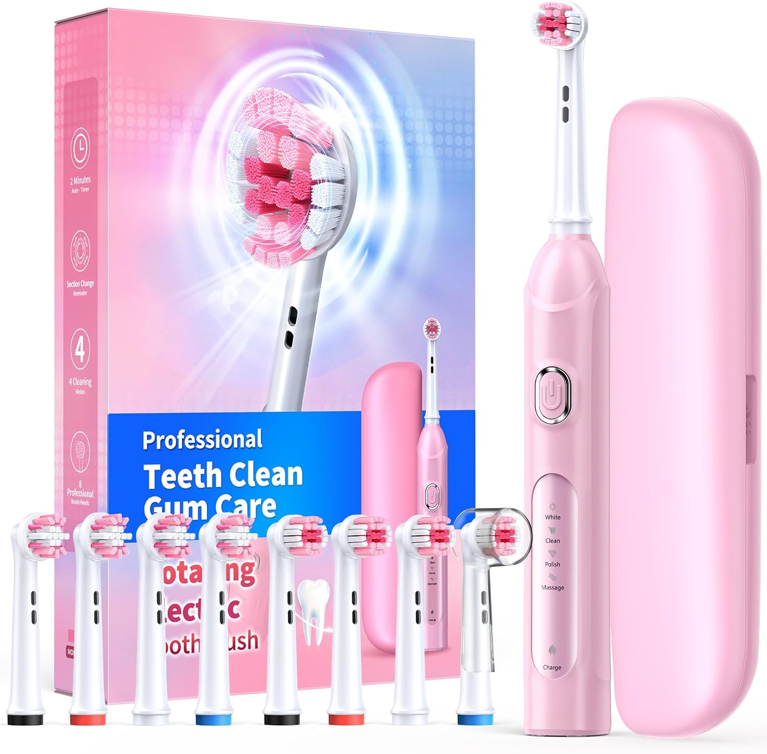 Rotating Electric Toothbrush for Adults with 8 Brush Heads (2 Types), 4 Modes Deep Clean Electric Toothbrush with Rechargeable Power and 2 Min Smart Timer (Pink, 2- with travalcase)