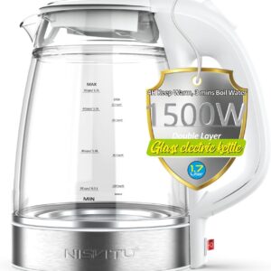 1.7L Double Glass Stainless Steel Electric Kettle – Cordless Hot Water Boiler & Tea Kettle with Auto Shut-Off, Boil-Dry Protection, Anti-Scald Design (White)