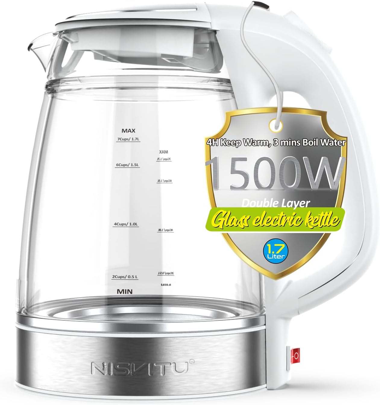 1.7L Double Glass Stainless Steel Electric Kettle – Cordless Hot Water Boiler & Tea Kettle with Auto Shut-Off, Boil-Dry Protection, Anti-Scald Design (White)