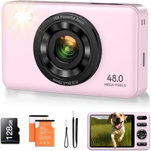 Kids Digital Camera 48MP with 128GB SD Card – 2.7K Video, 16X Digital Zoom, Autofocus, Anti-Shake, 2 Batteries – Beginner Kids Camera for Boys, Girls & Teens (Pink)