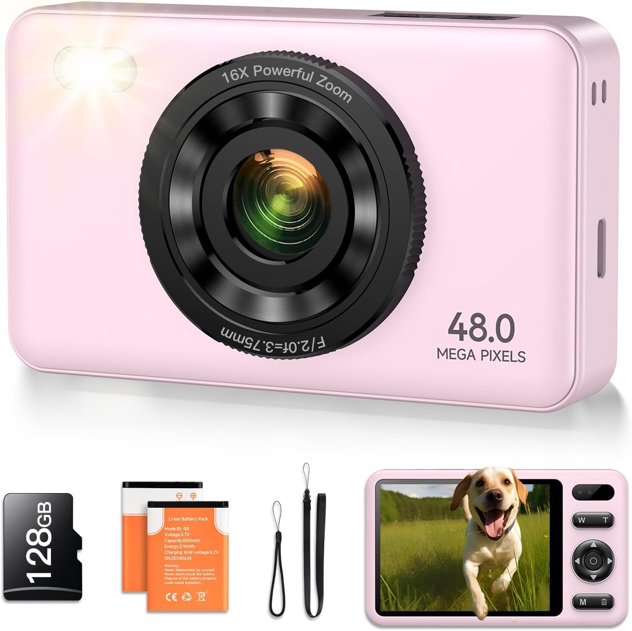 Kids Digital Camera 48MP with 128GB SD Card – 2.7K Video, 16X Digital Zoom, Autofocus, Anti-Shake, 2 Batteries – Beginner Kids Camera for Boys, Girls & Teens (Pink)