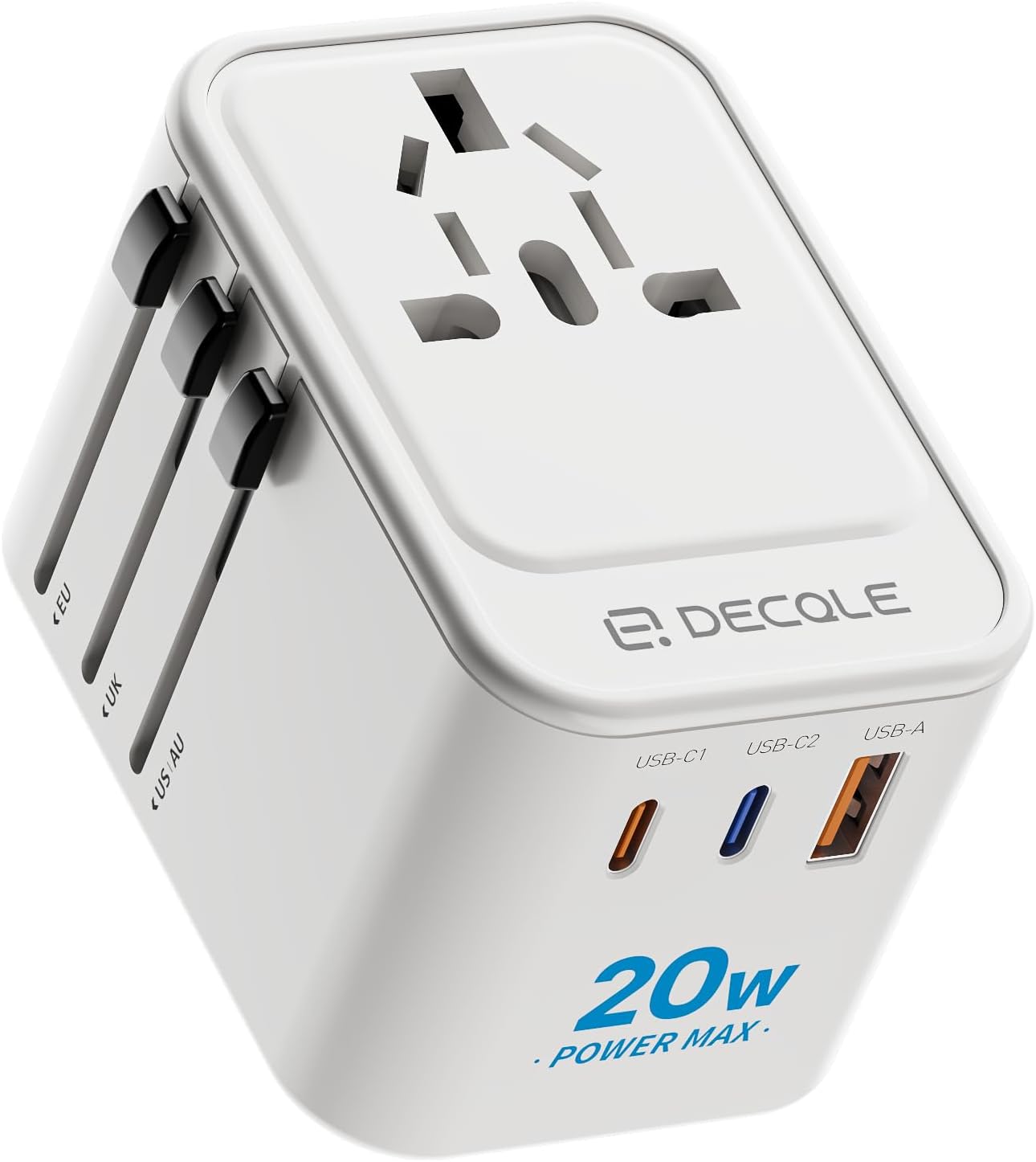 Universal Travel Adapter – All-in-One International Power Plug with 2 USB-C (PD 20W) & 1 USB-A Ports, Covers USA, UK, EU, AU & 224+ Countries – Compact Global Charger (White)