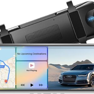 Mirror Dash Cam with Wireless CarPlay & Android Auto – 10” Smart Touchscreen Rear View Mirror Camera, 1080P Front & Rear Dual Dash Cam, Parking Assist, Reverse Camera, 64GB Card Included