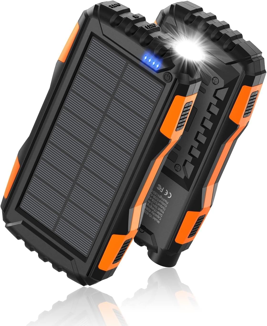 Power Bank Solar Charger – 42800mAh Portable Charger with QC 3.0 Fast Charging, External Battery Pack with Super Bright Flashlight – 5V/3.1A USB Output – Orange