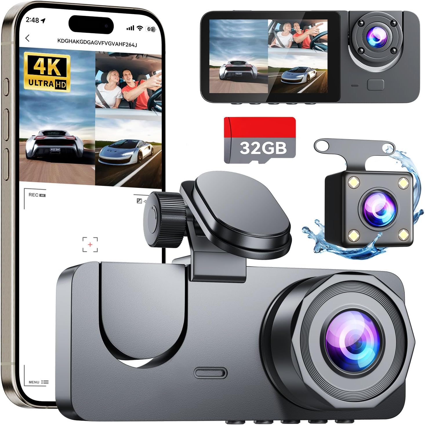 Dash Cam Front and Rear Camera, 4K Full HD Dash Camera Inside 3 Channel for Cars Built-in 32GB Card with Night Vision, Loop Recording, G-Sensor, 170°Wide Angle, 24 Hours Recording