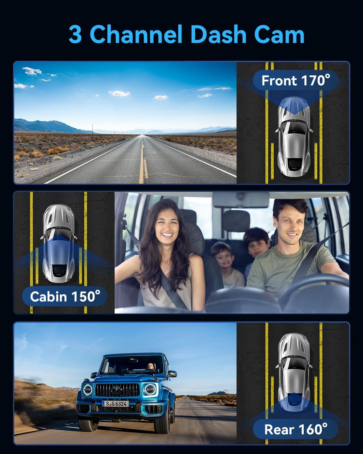 Dash Cam Front and Rear Camera, 4K Full HD Dash Camera Inside 3 Channel for Cars Built-in 32GB Card with Night Vision, Loop Recording, G-Sensor, 170°Wide Angle, 24 Hours Recording