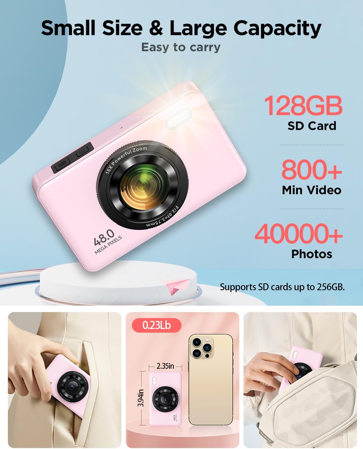 Kids Digital Camera 48MP with 128GB SD Card – 2.7K Video, 16X Digital Zoom, Autofocus, Anti-Shake, 2 Batteries – Beginner Kids Camera for Boys, Girls & Teens (Pink)