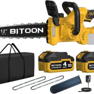 BITOON 12-Inch Cordless Chainsaw – Brushless Electric Chain Saw with Auto-Oiler, 2× 4.0Ah Batteries & Charger, Portable 12" Chainsaw for Wood & Branch Cutting (Yellow)