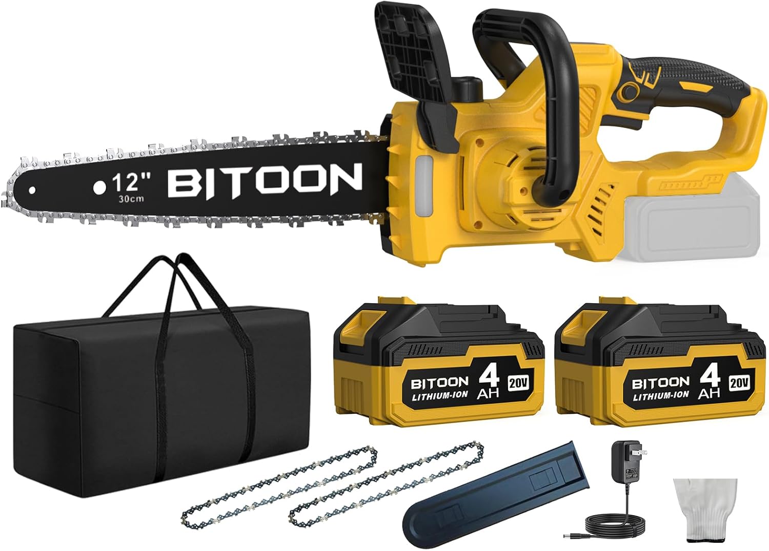 BITOON 12-Inch Cordless Chainsaw – Brushless Electric Chain Saw with Auto-Oiler, 2× 4.0Ah Batteries & Charger, Portable 12″ Chainsaw for Wood & Branch Cutting (Yellow)