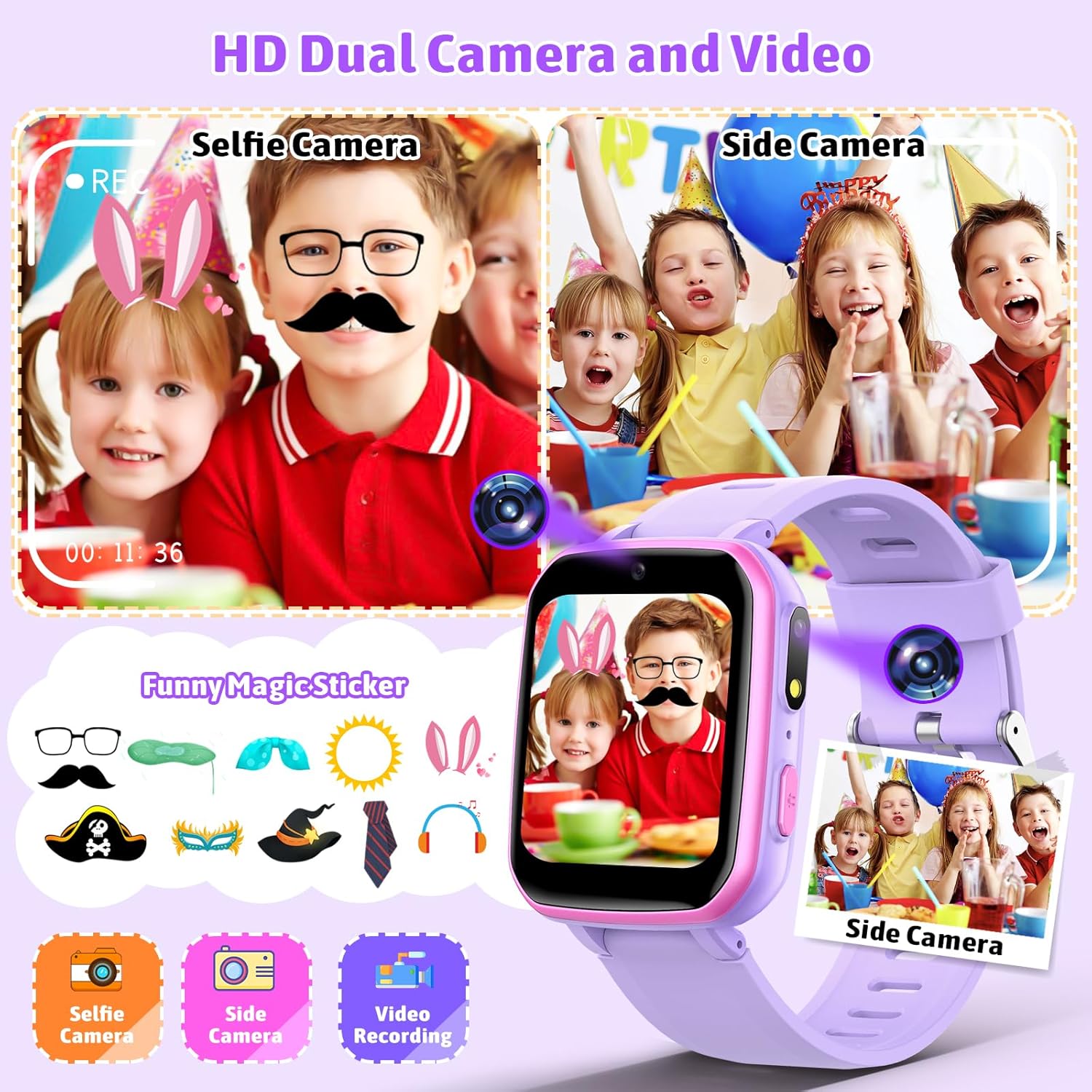 Kids Smart Watch – Purple Touchscreen Toy Watch with 26 Puzzle Games, Dual Camera, Music Player, Pedometer, Video Recorder, Flashlight, Alarm Clock for Boys & Girls Ages 4-12