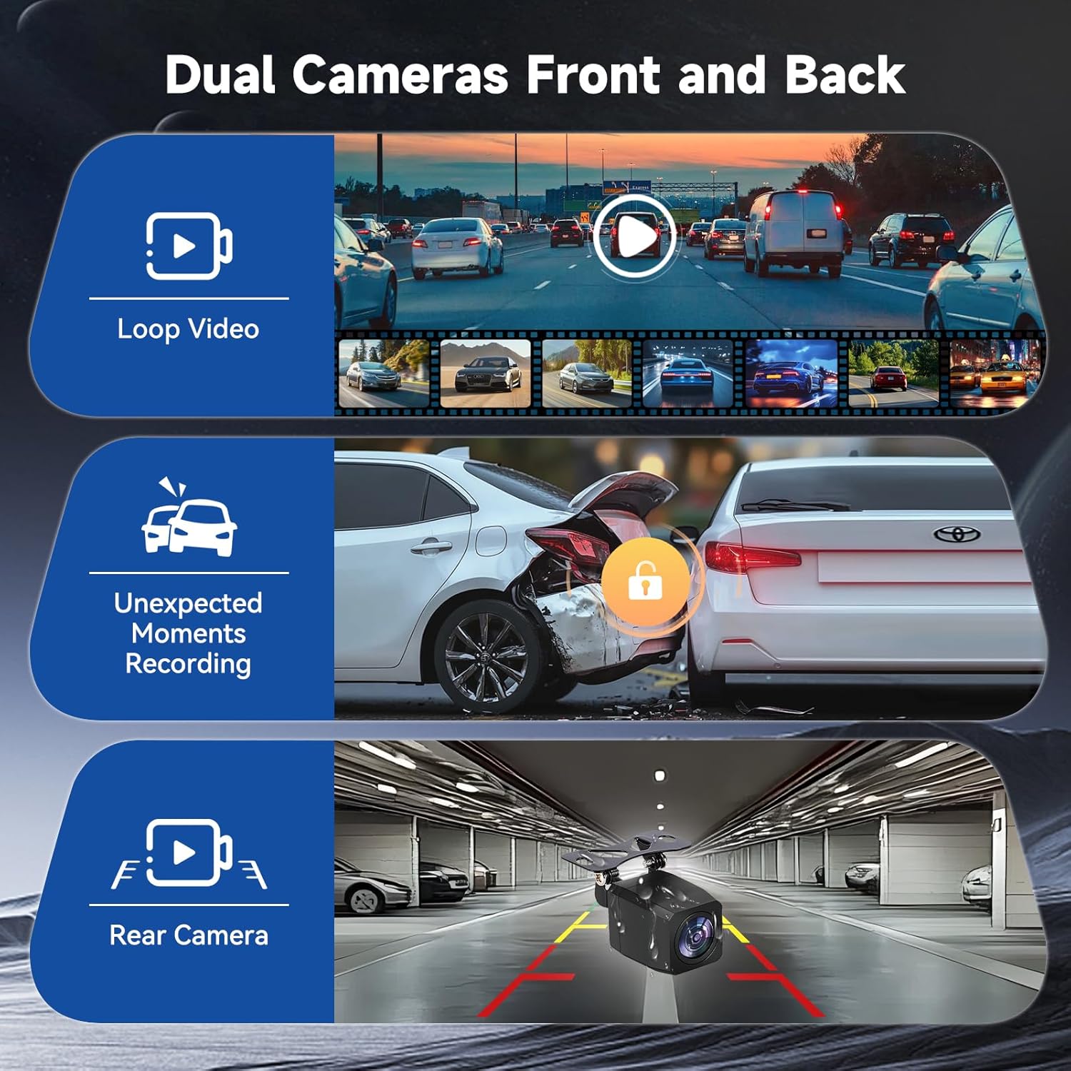 Mirror Dash Cam with Wireless CarPlay & Android Auto – 10” Smart Touchscreen Rear View Mirror Camera, 1080P Front & Rear Dual Dash Cam, Parking Assist, Reverse Camera, 64GB Card Included