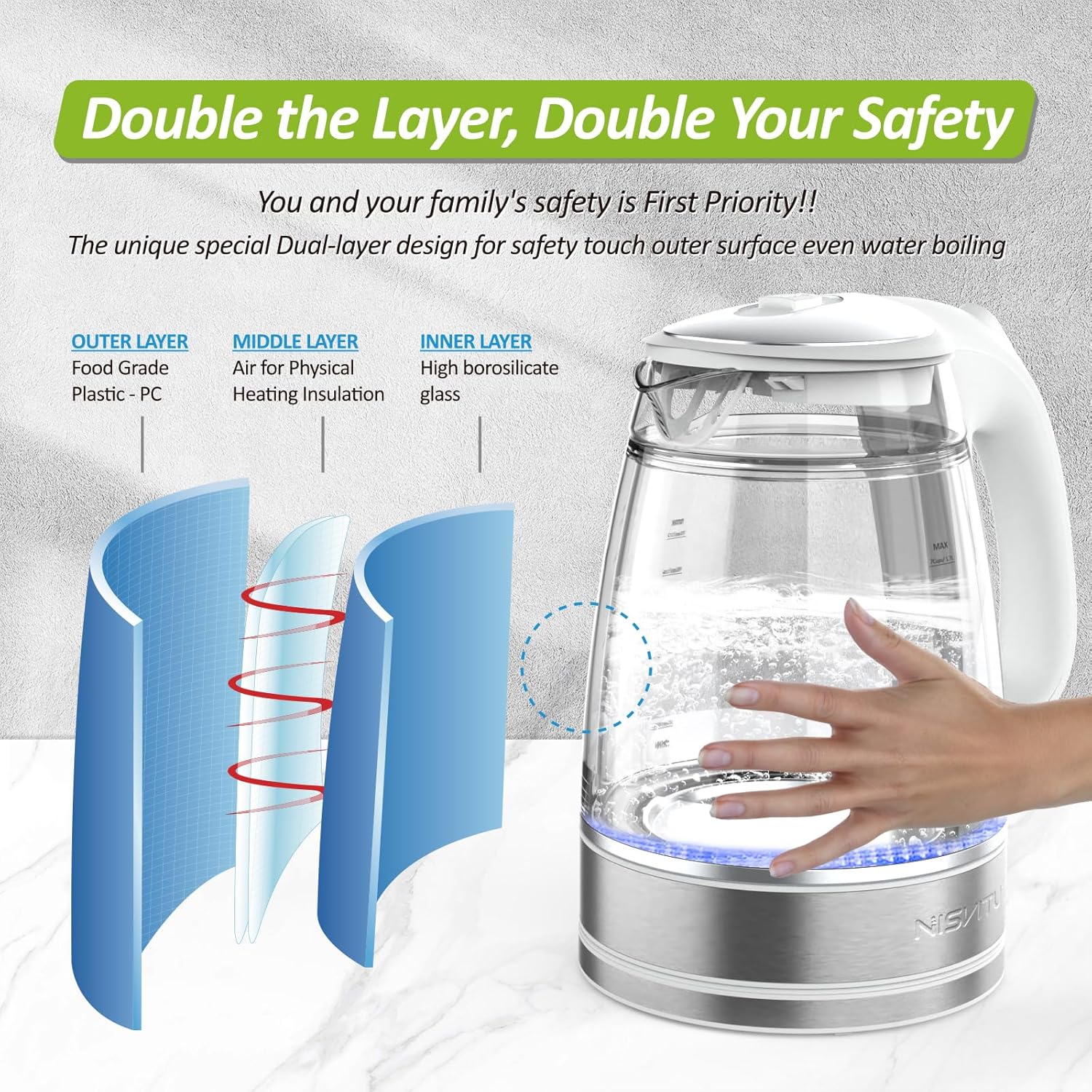 1.7L Double Glass Stainless Steel Electric Kettle – Cordless Hot Water Boiler & Tea Kettle with Auto Shut-Off, Boil-Dry Protection, Anti-Scald Design (White)