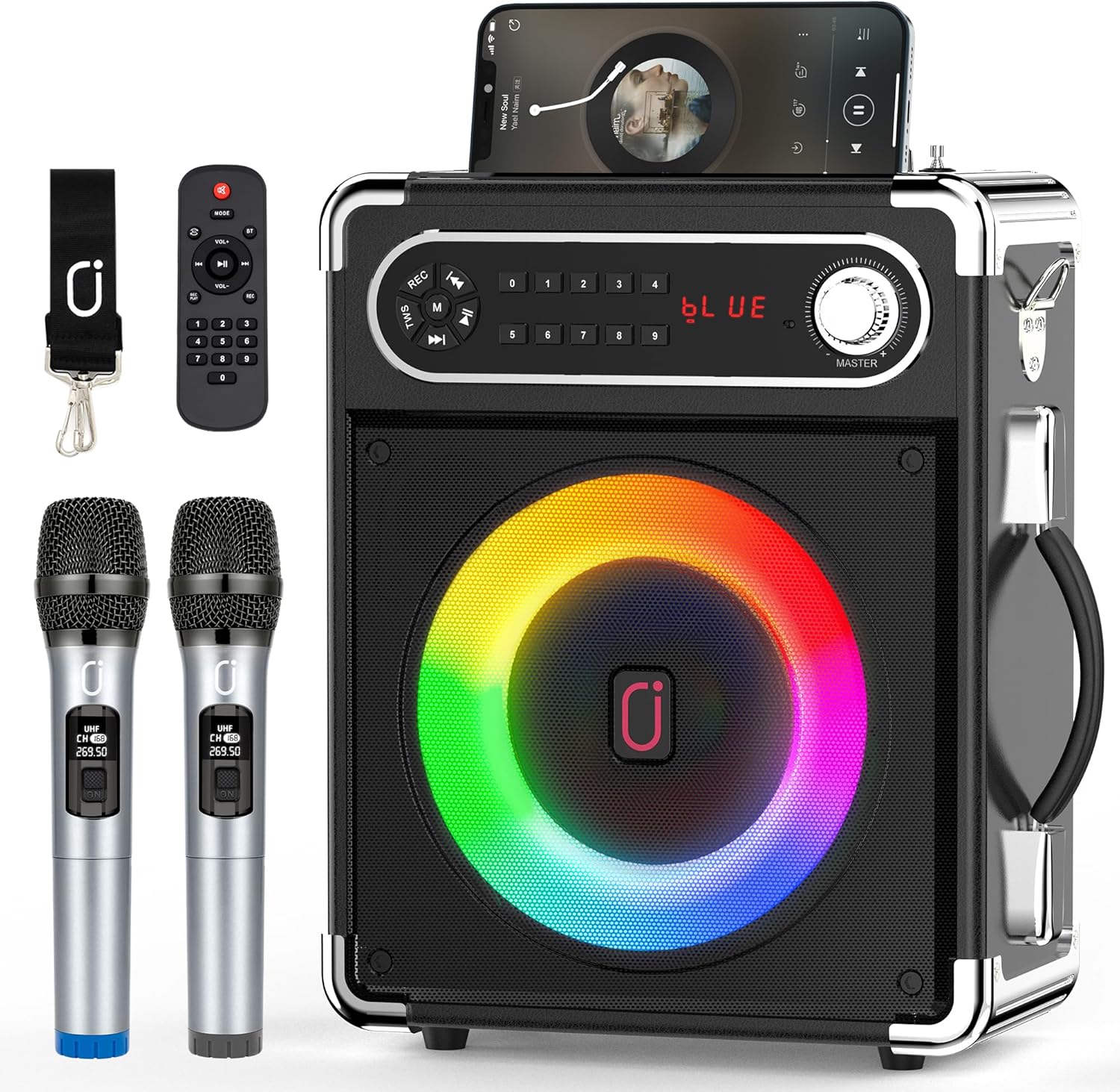 JYX Karaoke Machine with Two Wireless Microphones – Portable Bluetooth Speaker with Bass/Treble Control, Remote, LED Lights, TF Card/USB/AUX Support – Home & Party Sound System