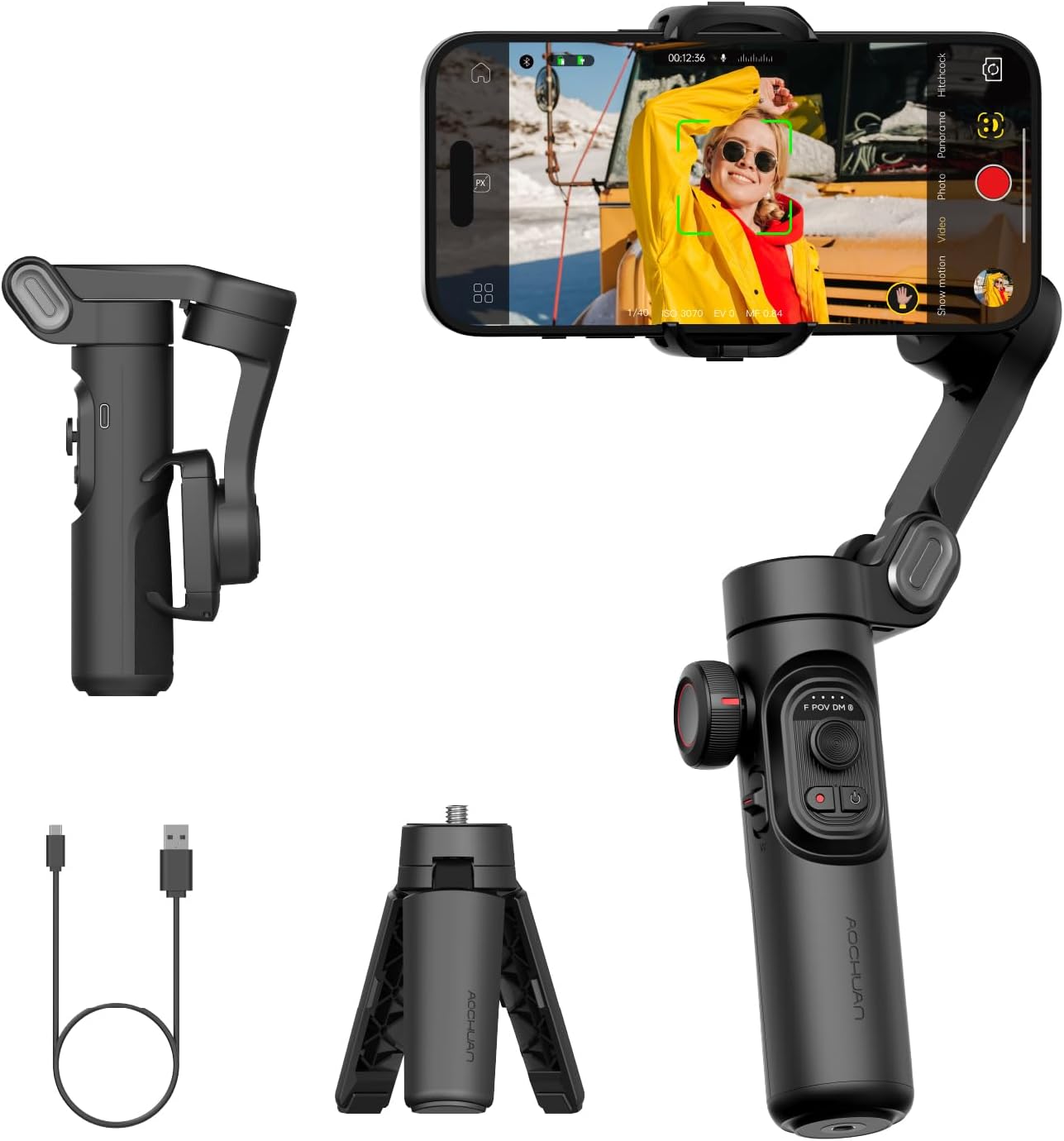 3-Axis Smartphone Gimbal Stabilizer with Focus Wheel & Face/Object Tracking – Foldable Handheld Gimbal for iPhone 15/14 Pro Max & Android