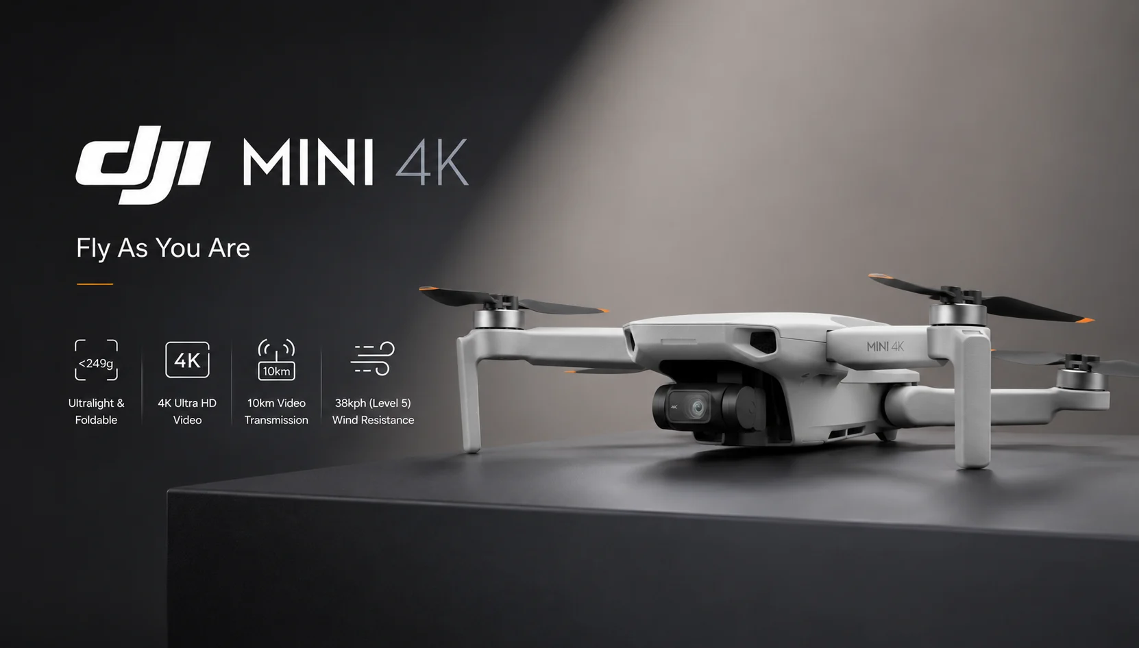 DJI Mini 4K, Drone with 4K UHD Camera for Adults, Under 249 g, 3-Axis Gimbal Stabilization, 10km Video Transmission, Auto Return, Wind Resistance, 1 Battery for 31-Min Max Flight Time